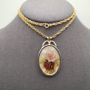 Victorian Cameo Style Necklace Rose Print Pendant Gold Tone
